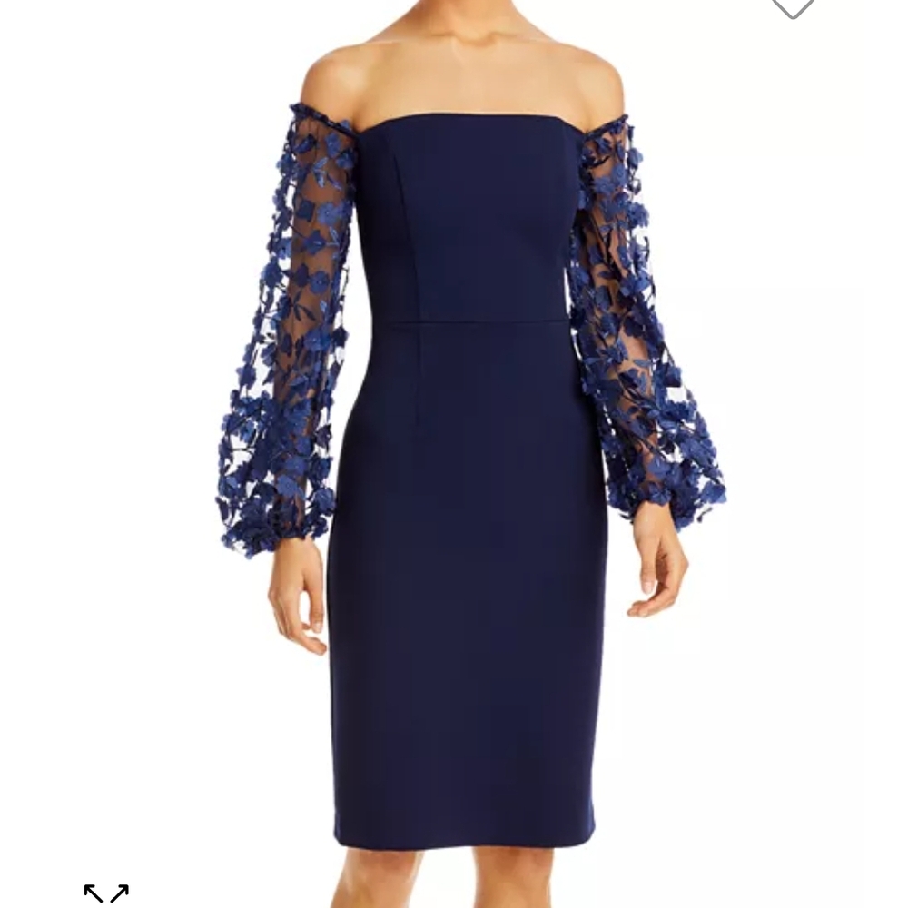 Eliza J Blue Sheath Dress with Off-Shoulder Bishop Sleeves Mother Of Bride